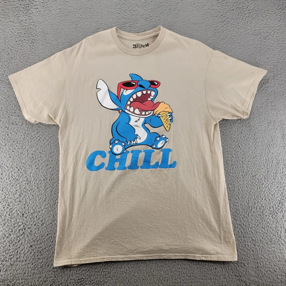 Disney Shirt Mens Large Beige Short Sleeve Lilo & Stich Disney‎ Chill Ice Cream